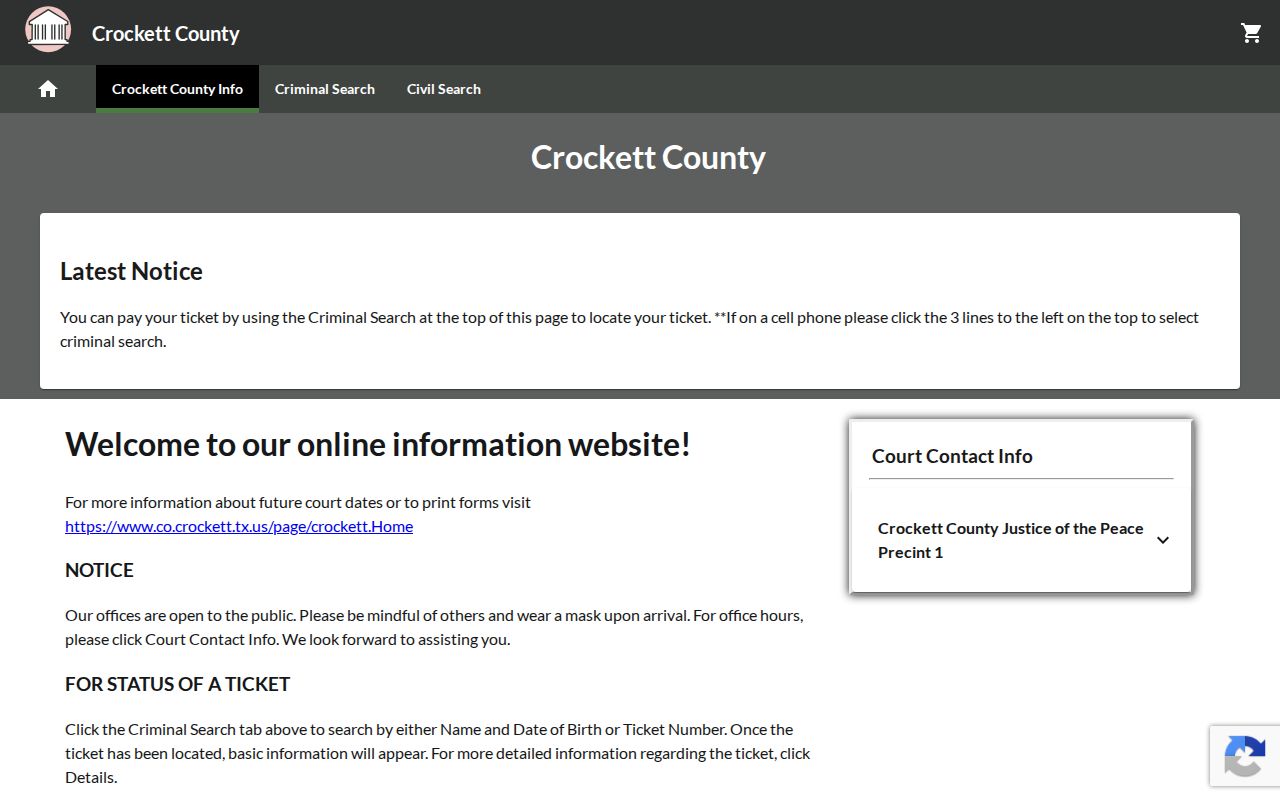 GovRec traffic payment page distinguished from Crockett County criminal court case records