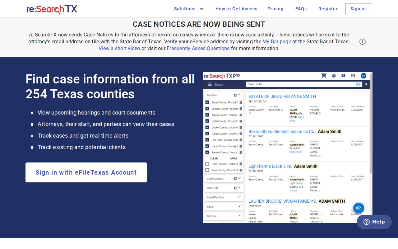 re:SearchTX interface used to supplement a Crockett County criminal court case lookup