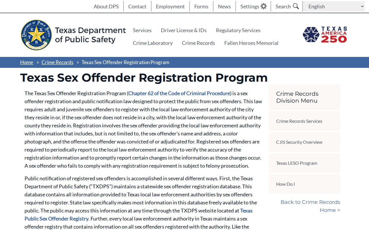Texas DPS sex offender registration program information for Crockett County