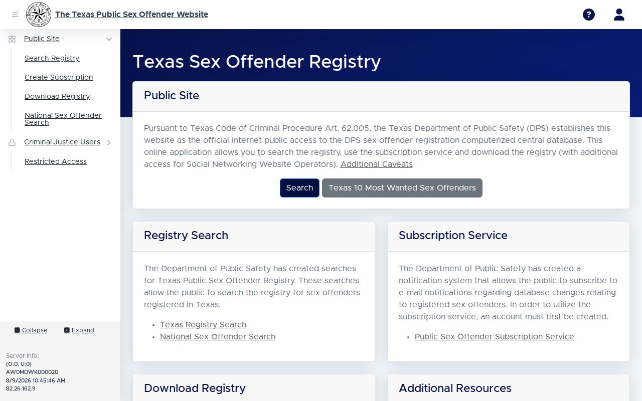 Crockett County sex offender registry search screen from Texas DPS