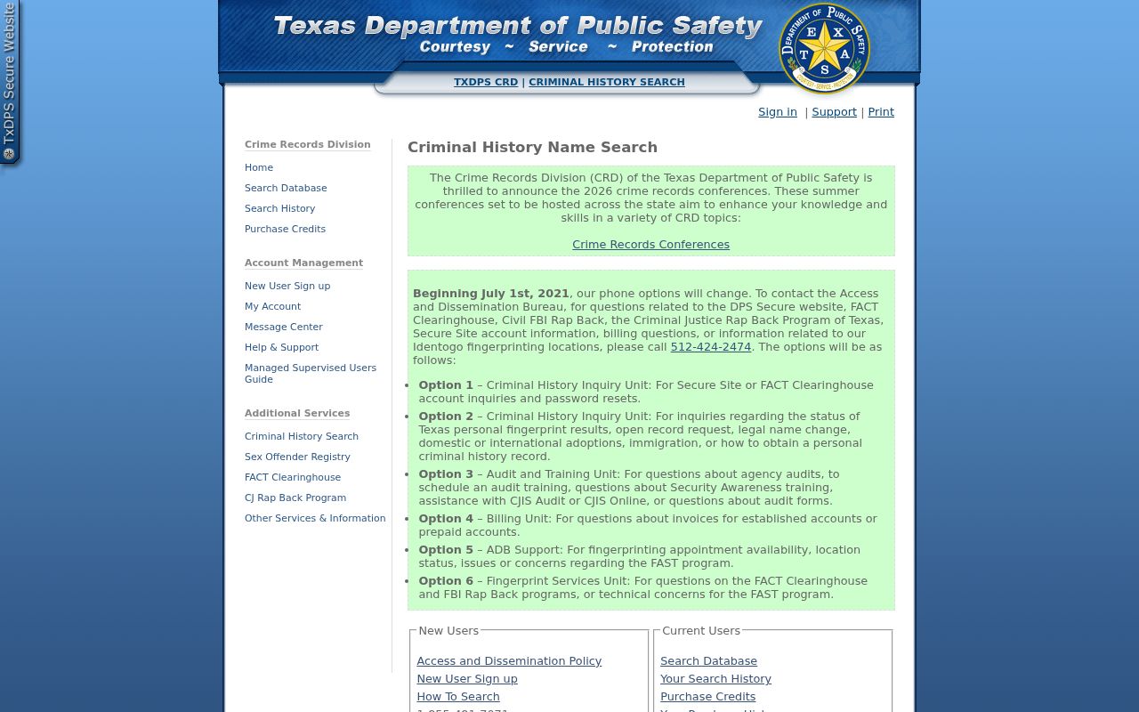 Texas DPS public conviction and deferred adjudication search page