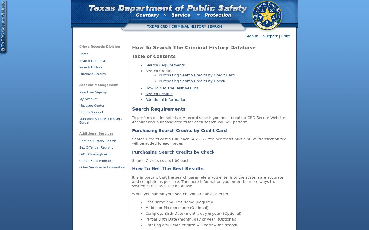 Texas DPS criminal history name search fields and help